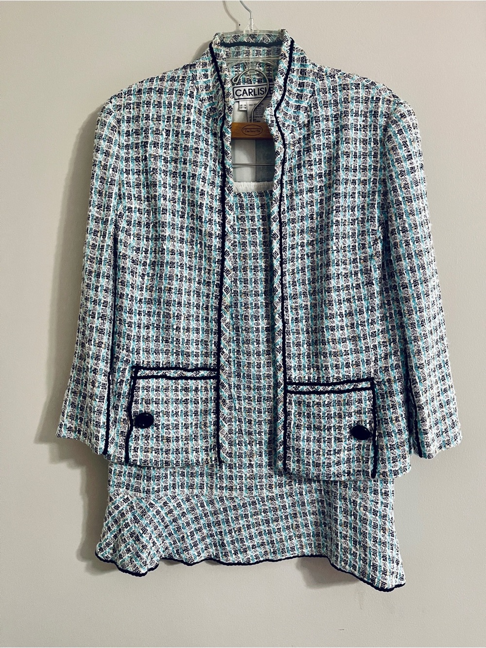 Vintage Carlisle Blue Bouclé Tweed Suit Set Blazer 14 Skirt 16 Cotton Silk Blend